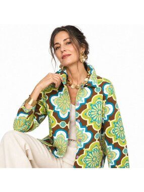 NWT Gaudy Couture Geometric Artsy Boho Jacket Women XL Green Sequin Floral Cotto